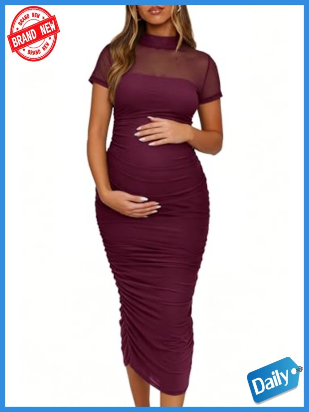 Maternity Midi Dress Mock Neck Ruched Bodycon Mesh Short Sleeve
